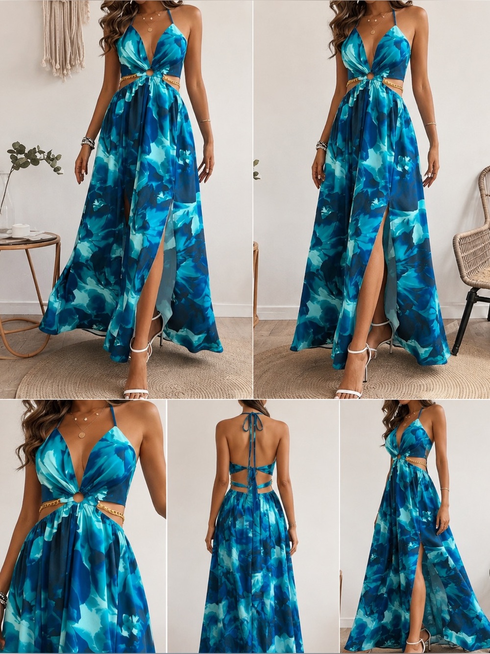 Blue Floral Open Back Maxi Dress | Gold Chain Waist Double Slit M